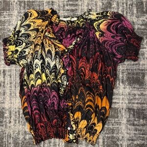 Gibson Yellow, Pink, and Orange Swirl Blouse
